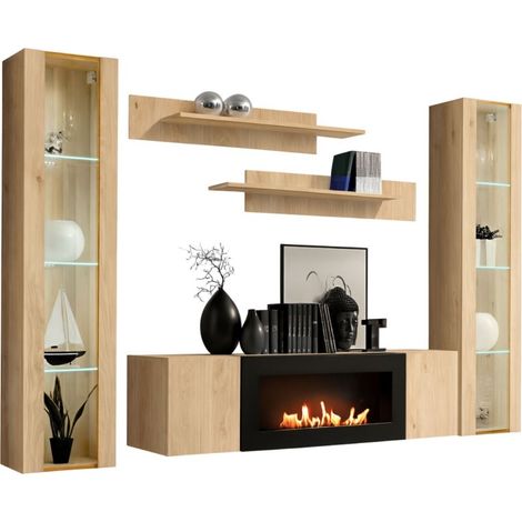 Composizione murale FLY – Rovere chiaro – Vetrine, scaffali e mobile TV con camino bio-etanolo