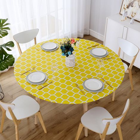 Nappe ronde en vinyle montée avec bord élastique - Design marocain imperméable - En plastique facile à nettoyer avec dos en flanelle - Pour une utilisation en intérieur et en extérieur - Jaune - 183 (1/5)
