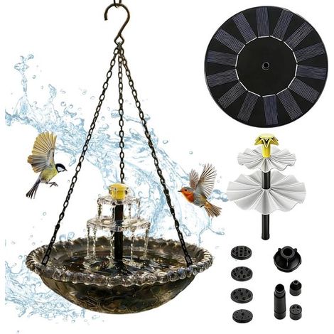 Vasca per uccelli sospesa con fontana solare e mangiatoia con pompa a spruzzo. Vasca per uccelli ad energia solare. Mangiatoia per uccelli sospesa. Decorazione da giardino. (1/5)