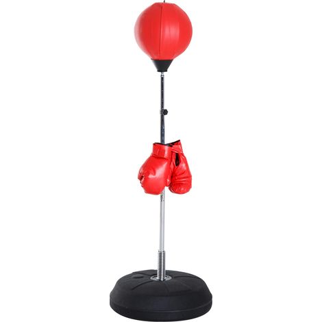 Sac de Frappe sur Pied Punching ball sur pied réglable en hauteur 126-144 cm avec gants, pompe et base de lestage pour adolescents et débutants rouge (1/5)