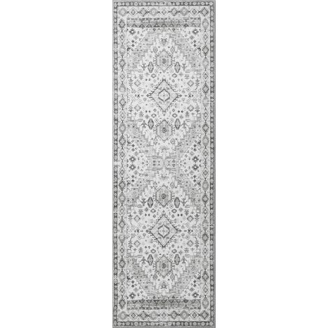 Tapis de couloir vintage – lavable, antidérapant et anti-salissures – Pour salon, chambre, cuisine – Tapis d’espace gris – Durable, à faible poil (1/5)