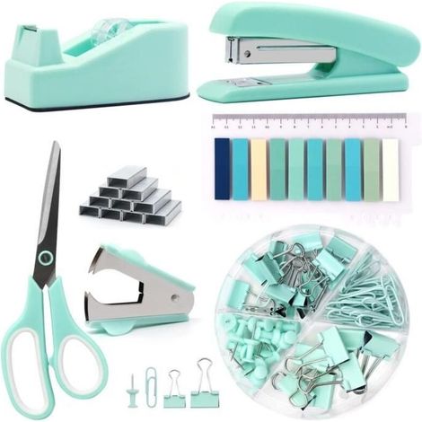 Teal blue office supply set with stapler, tape dispenser, staple remover, staples, clips, scissors (1/5)