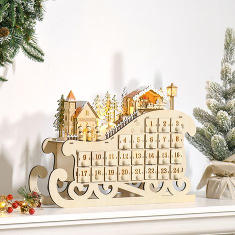 Calendario dell'Avvento in legno illuminato a forma di slitta - 10 luci bianco caldo - 24 cassetti - Decorazione natalizia luminosa (1/5)