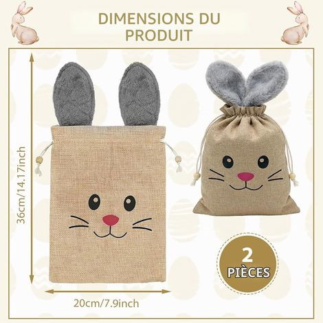 Grand Sac Cadeau Pâques 26x20cm en Toile de Jute, 2 Pièces Pochette Oreilles de Lapin pour Gros Chocolats, Sachet Bonbons Robuste et Réutilisable, Emballage Cadeau Décoratif avec Cordon (1/5)