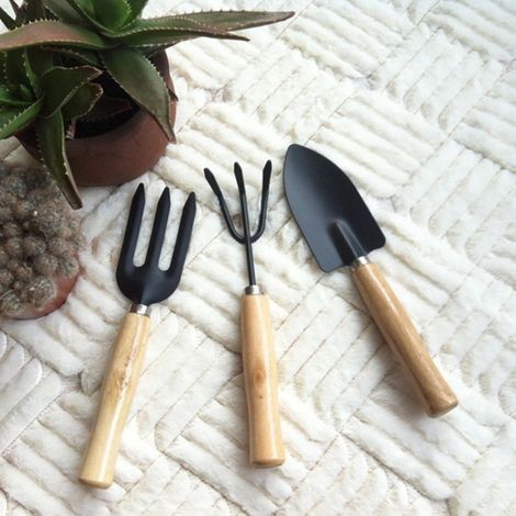 3PCS/Set Outils de Jardinage Miniature avec Manche en Bois pour Plantes en Pot - Pelle, Râteau, Fourche (1/5)