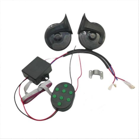 Klaxon électrique musical 12 V à 8 tonalités, type escargot, pour véhicules, motos et voitures, avec boîtier de commande et bouton universel. (1/5)