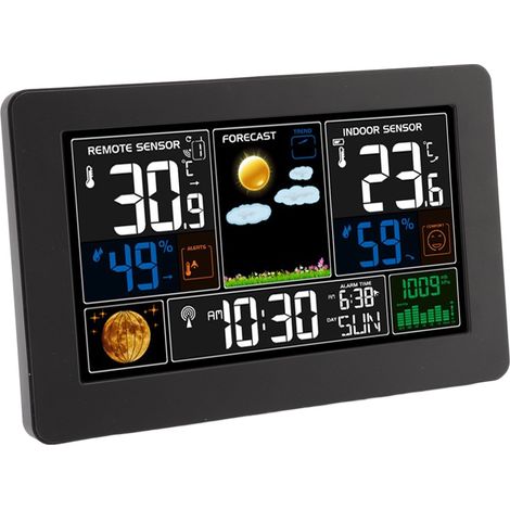 Horloge météo multifonction avec grand écran couleur, affichage de la température, de l'humidité et de la pression atmosphérique, pour l'intérieur et l'extérieur. Prise UE 100-240 V. (1/5)