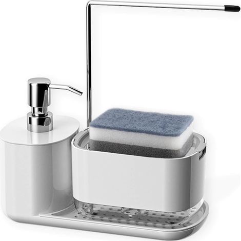 Ensemble distributeur de savon de cuisine 4 en 1 - Avec poubelle, porte-éponge et porte-torchon - Blanc - Organisateur de comptoir pour évier de cuisine - 2 éponges de nettoyage (1/4)