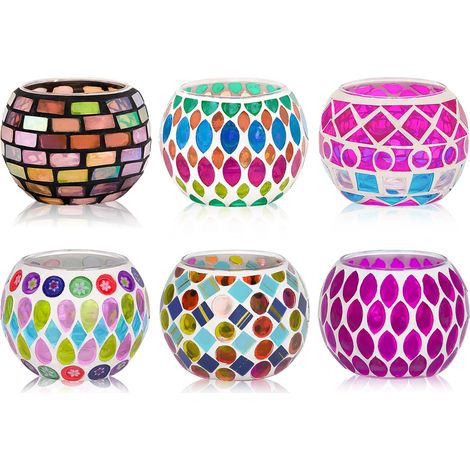 Bougeoir Verre en Mosaïque, 6 Pièces Photophore, Couleur Porte Bougie pour Centre de Table Décoration, Romantique Bougeoir Chauffe-Plat, Photophore Bougie pour Fête, Noël, Anniversaire (1/5)