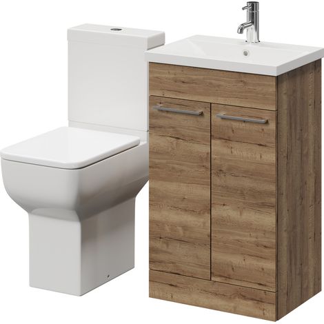 Wholesale Domestic Alessio Tobacco Oak 500mm Vanity Unit and Toilet Suite including Comfort Height Toilet and Floor Standing Vanity Unit with 2 Doors and Chrome Handles (1/5)