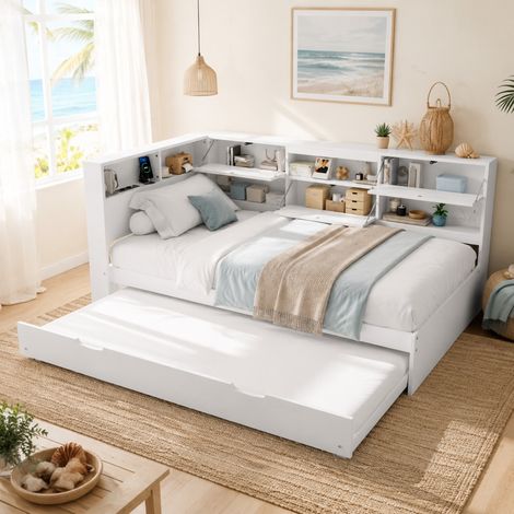 MEUBLIV Letto 90x200 cm bianco – testiera con contenitore e letto estraibile, senza materasso (1/5)