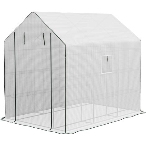 Serre d avec 12 étagères pliable 140 x 213 x 190 cm blanche pour salon d'extérieur étagères, porte enroulable, bâche structure acier, (1/5)