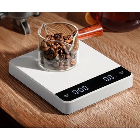 Balanza digital blanca para café con temporizador y doble pantalla (0,1 g，3 kg)，Recargable，resistente al agua，precisión de 0,1 g (1/4)