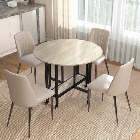 Table à Manger Pliante sur Roulettes, Table de Cuisine pour 4 Personnes, Étagère Intégrée, 100 x 100 x 75 cm, Naturel (1/5)
