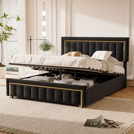 BSMGSGN-Lit coffre 160x200 cm en velours, lit double capitonné 2 places avec rangement hydraulique, sommier à lattes et tête de lit rembourrée, pour adultes et adolescents, sans matelas, Noir (1/5)
