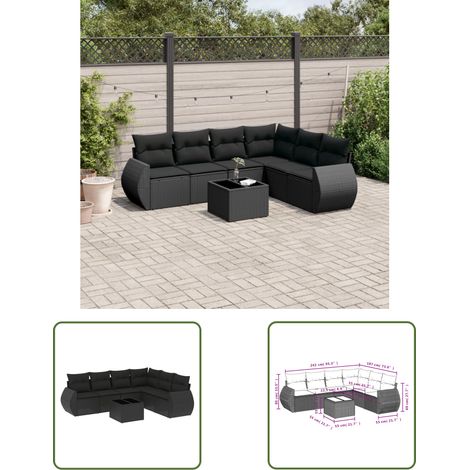The Living Store Salon de jardin 7 pcs avec coussins noir résine tressée - Ensemble Salon De Jardin - Mobilier De Jardin - Canapé Jardin - Set Salon Exterieur - Chaise Jardin (1/3)