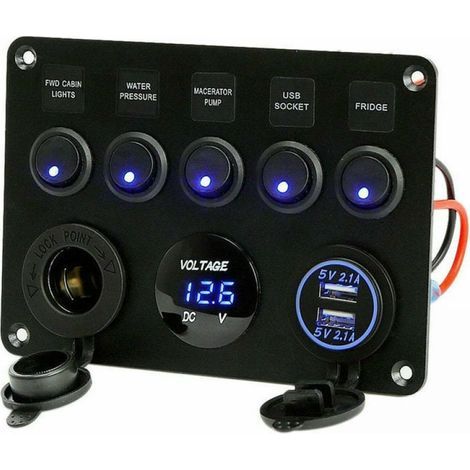 Lot de 5 interrupteurs à bascule, double prise USB chargeur 12 V prise de courant LED voltmètre pour voiture, bateau, camion, camping-car (bleu) (1/5)
