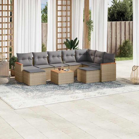 Ensemble Salon de Jardin 10 Pièces Beige avec Coussins - Résine Tressée, Table Acacia, Sièges modulaires, Housse Lavable (1/3)