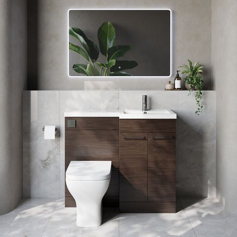 Napoli 390 Brown Oak 1000mm 2 Door Vanity Unit Toilet Suite with Right Hand Square Lucia Basin - 1000mm - Gunmetal Grey 160mm HandleWith Kingston Toilet Pan and Seat