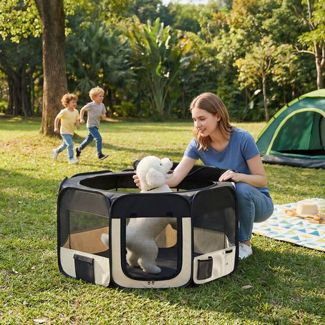 Parque Plegable para Perros y Gatos Corralito Portátil para Animales Pequeños Impermeable de Tela Oxford Ø90x41 cm Negro (1/5)