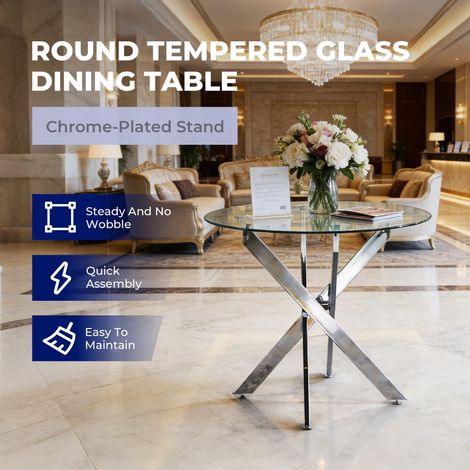 Dining Table with Cross Metal Leg and Tempered Glass, Modern Space-Saving Kitchen Table for Living Room, Chrome Legs, Round Table, silver Legs, 80x80x75cm (1/5)