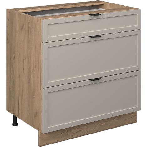 Mobiletto base per cucina Fame-Line, GrigioBeige, 80 cm con 3 cassetti, senza piano di lavoro, Vicco