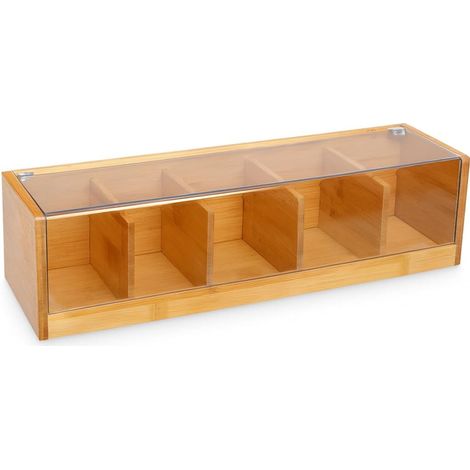 Support pour sachets de thé en bambou, boîte de rangement multi-compartiments pour accessoires de préparation du thé avec couvercle transparent, récipient de rangement pour sachets de thé et dosettes (1/5)