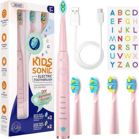 brosse à dents électrique rechargeable pour enfants, brosse à dents électrique enfant avec autocollants DIY drôles, minuterie de 2 minutes, 4 têtes de brosse SG2303(rosa)