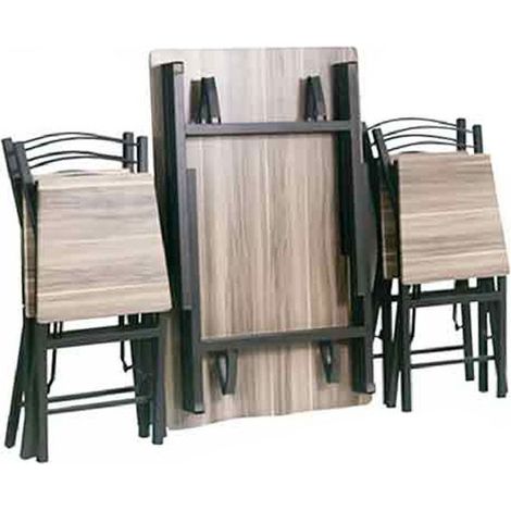 SET ZOY CON TAVOLO E 4 SEDIE PIEGHEVOLI COLORE NERO E ROVERE, STRUTTURA IN METALLO E SEDUTA IN LEGNO (1/2)