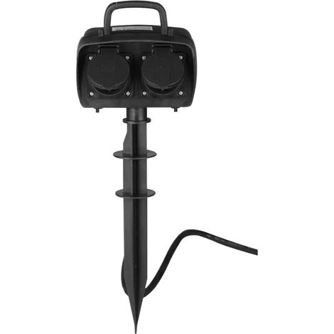 Silamp – Prise de courant extérieure noire avec piquet de terre IP44 – 2 prises allemandes – 3500W – Câble H07RN-F 5m (1/2)
