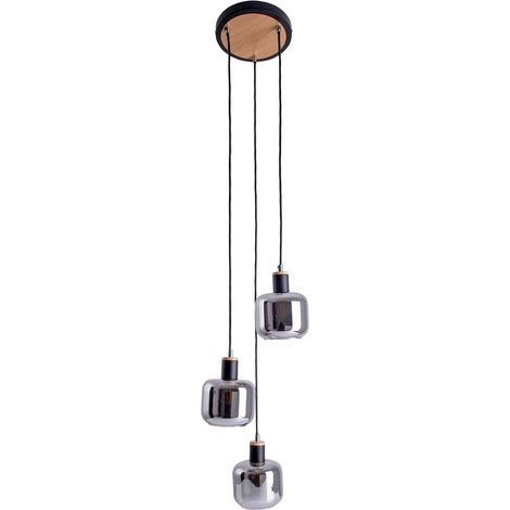Suspension 3 Lampes en Métal Noir et Verre Fumé avec Accents Bois Clair E14 Hauteur 123 cm - PANGIVO (1/5)