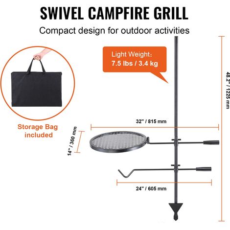 Gril pivotant pour feu de camp en acier robuste grille de cuisson sur brasero réglable (1/5)