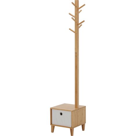 Porte-manteau en bambou naturel avec banc intégré, style arbre, tiroir en tissu et 8 crochets, rangement vêtements, 35x35x177 cm (1/5)