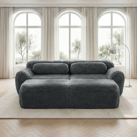 Canapé modulable 2 places gris en tissu peluche, sans structure, avec 2 poufs, mousse 32D, convertible en espace couchage, sans montage (1/5)
