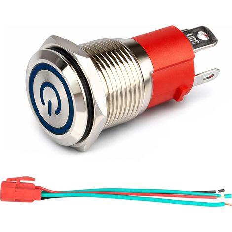 16-mm-Metall-Drucktaster – 1 Stück – Edelstahl – Blaue LED-Verriegelung – Schutzart IP65 – Industrie/Automobil (1/5)