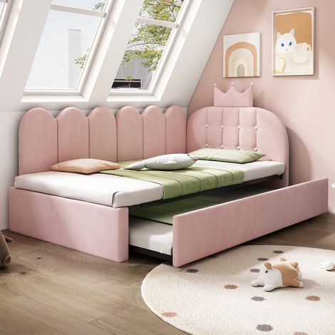 Lit banquette 90/200 cm rose en velours avec tiroir-lit et dossier couronne (1/5)