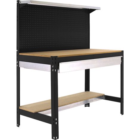 SimonRack Banco da Lavoro con Cassetto Telescopico, Pannello Forato e Ripiano Superiore – Portata 600 kg – 1445x1210x610 mm – Tavolo Officina Fai da Te – Antracite/Legno – BT-3