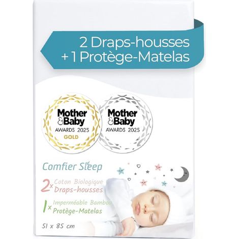 Sleep Set Pièces 51x85 avec Drap Housse Cododo en Coton Bio et Protege Matelas Cododo Imperméable en Bambou, Blanc (1/5)