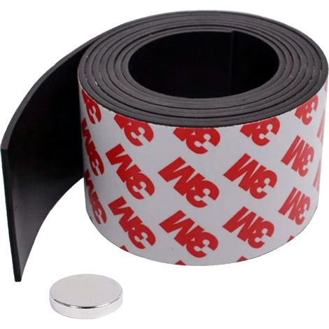 Ruban magnétique avec adhésif 3M, dimensions : 100 cm / 50 mm / 1,5 mm + aimant néodyme 10 mm x 2 mm
