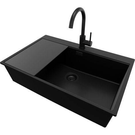 PRIMAGRAN Evier Cuisine en Granit 78x50cm, Lavabo 1 bac + Robinet 32x20cm + Kit de Vidage + Accessoire, Évier à Encastrer au meuble 80cm - Oslo, Tout Noir (1/5)