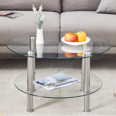 Tavolino da caffè 70x70x42 cm argento e trasparente in vetro e metallo a 2 livelli (1/5)