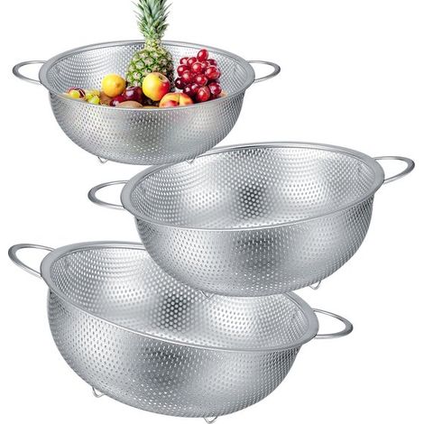 Colador de cocina de acero inoxidable, 3 coladores de Ø 19,5 cm, Ø 22,5 cm, Ø 25,5 cm, colador de malla fina con 2 asas, para escurrir pasta (1/5)