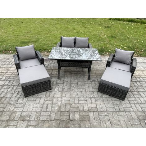Fimous 6 Seater High Back Outdoor Garden Furniture Rattan Sofa Dining Table Set with Armchair 2 Big Footstool Dark Grey Mixed (1/5)