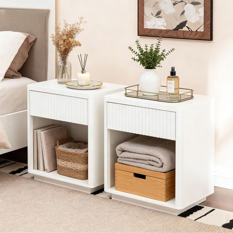 Lot de 2 tables de chevet bois 55x40x63,5cm panneaux ondulés tiroir étagère ouverte meuble rangement chambre salon bureau montage simple, blanc (1/5)