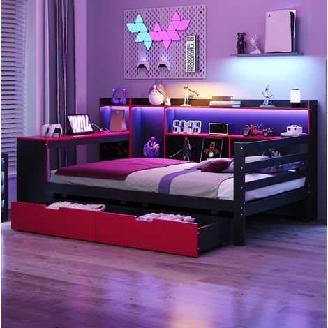 Cama 90x200 cm negro y rojo de madera con escritorio, estantes y 2 cajones (1/5)