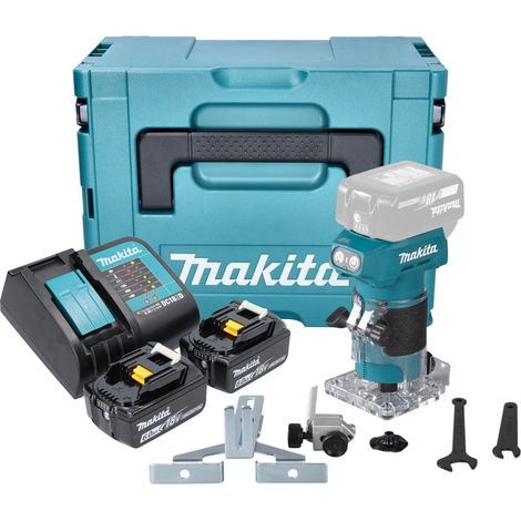Fresatrice per bordi a batteria Makita DRT 52 SGJ 18 V 6 mm senza spazzole + 2x batteria ricaricabile 6,0 Ah + caricabatterie + Makpac