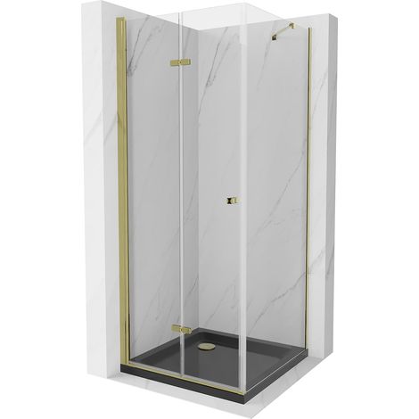 Mexen Lima klappbare Duschkabine 80 x 80 cm, Transparent, Gold + Duschwanne Flat, Schwarz - 856-080- (1/5)