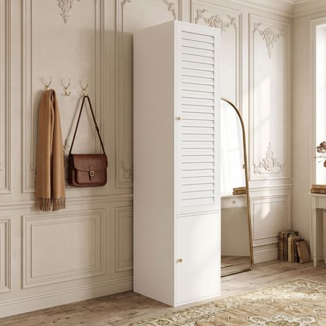 Armadio stretto con anta a lamelle, appendiabiti e 3 ripiani, bianco, 45 x 50 x 200 cm (1/5)