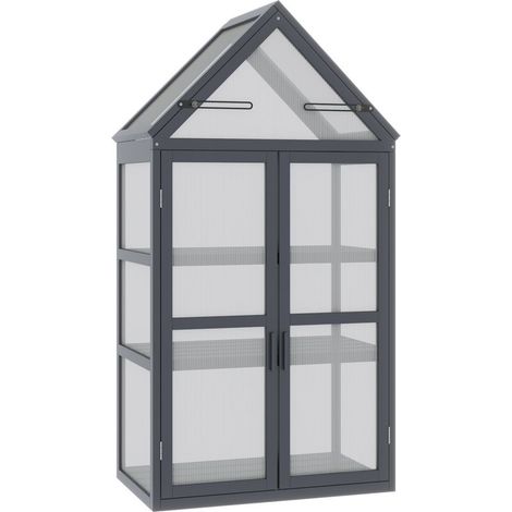 Mini-serre à châssis froid, 3 niveaux, toit à charnières, double porte en bois et polycarbonate, résistante aux intempéries, couleur naturelle, 70,5 x 42 x 132 cm (1/5)