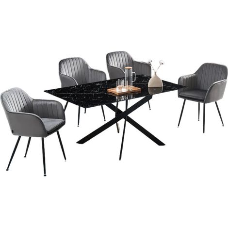 Table Repas JESSICA XXL Métal noir et plateau en verre MARBRE NOIR 180 cm 6 à 8 couverts (1/2)